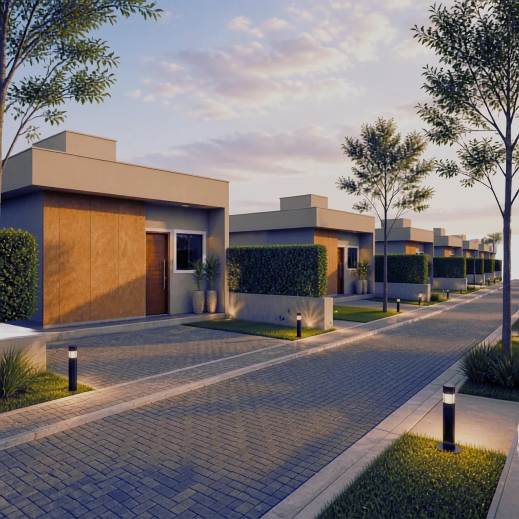 Perspectiva artística das casas ao entardecer