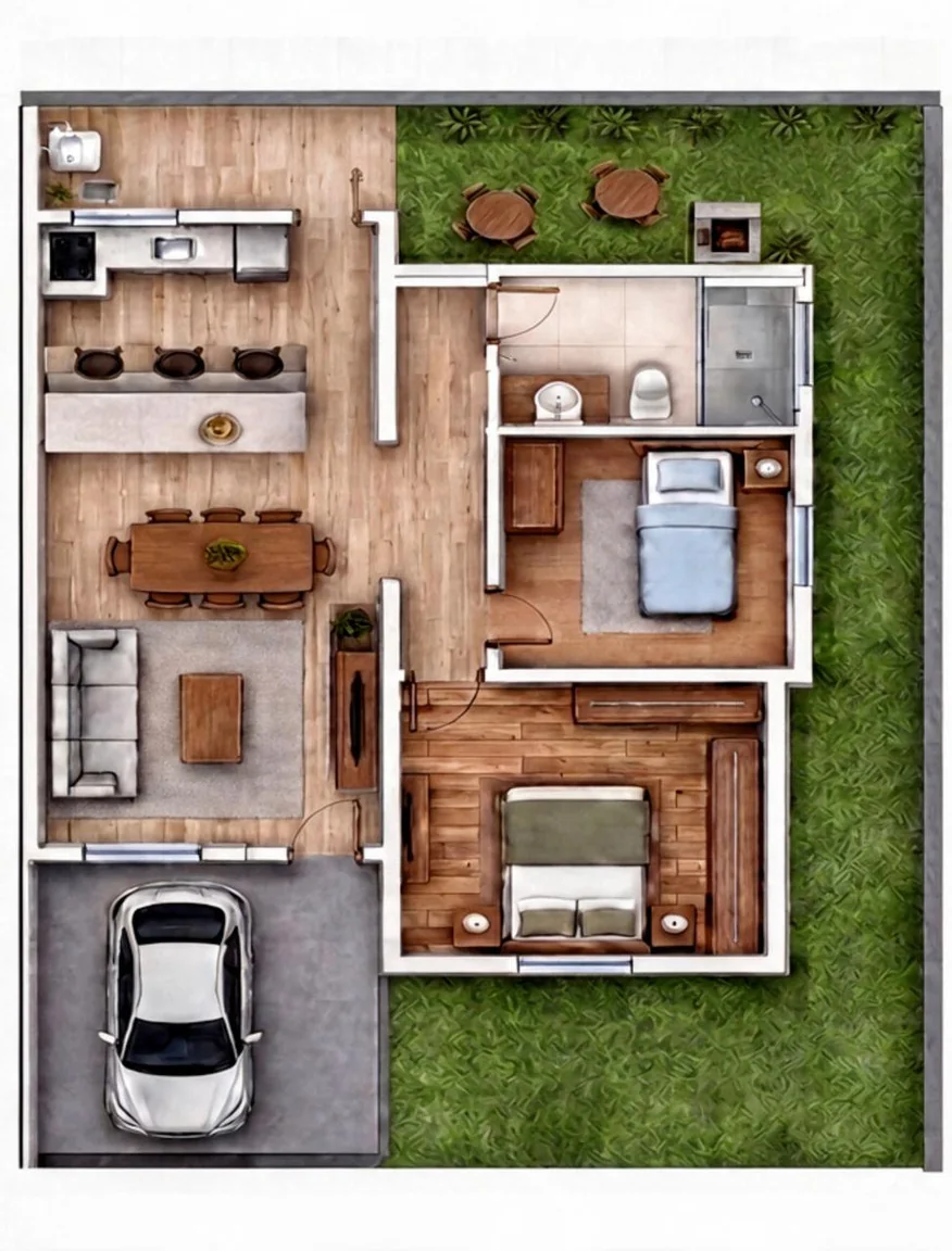 Planta humanizada da casa com dois dormitórios
